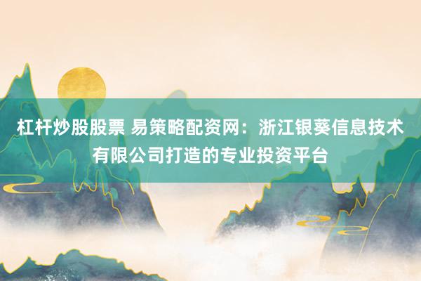 杠杆炒股股票 易策略配资网：浙江银葵信息技术有限公司打造的专业投资平台